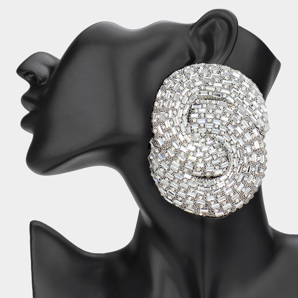 Silver Oversized Baguette Stone Studded Abstract Statement Earrings